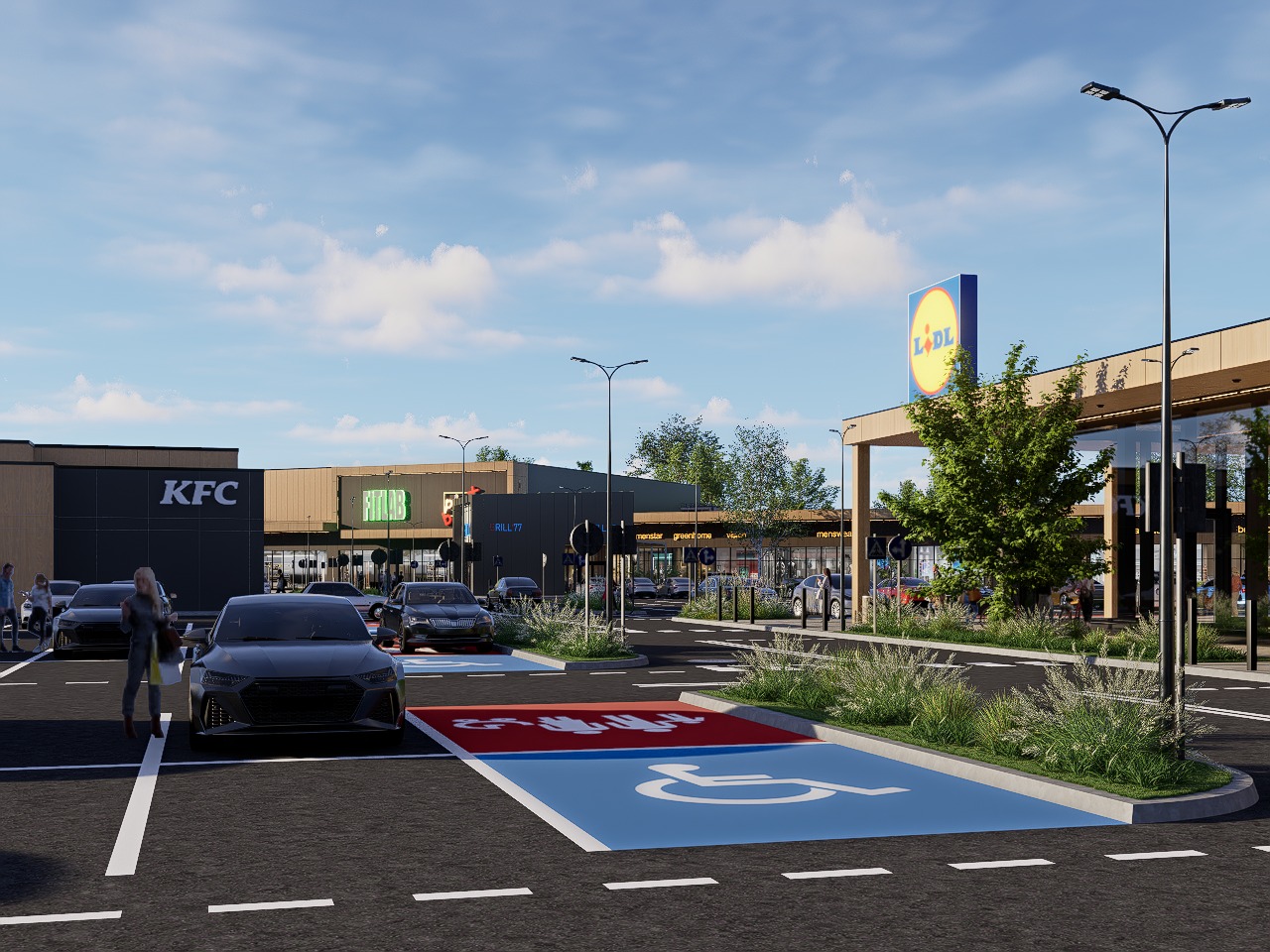 Wizualizacja parku handlowego SHOPLAND Stryków — parking, pylon Lidl oraz lokale handlowe i gastronomia