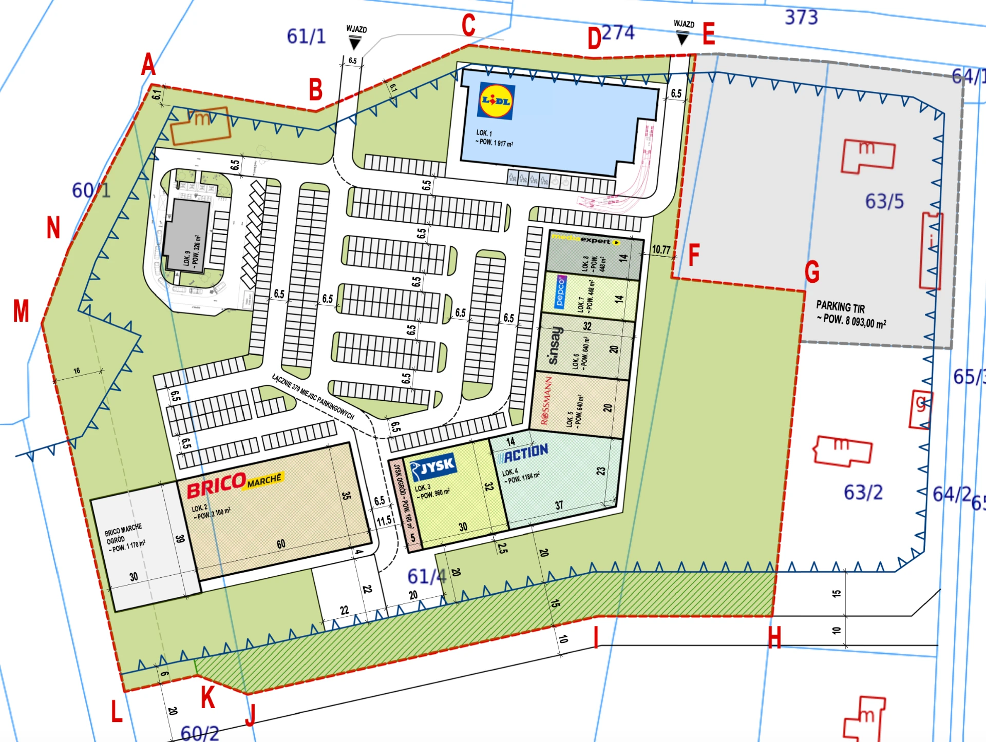 Plan zagospodarowania terenu SHOPLAND Stryków — wariant VI z zaznaczonymi operatorami